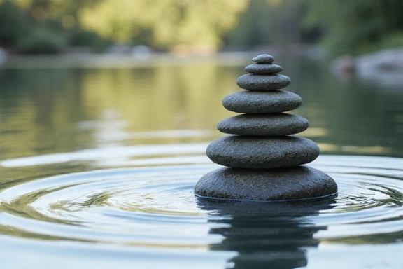 Immagine che simboleggia l'equilibrio e l'armonia, come pietre in equilibrio su una superficie d'acqua.
